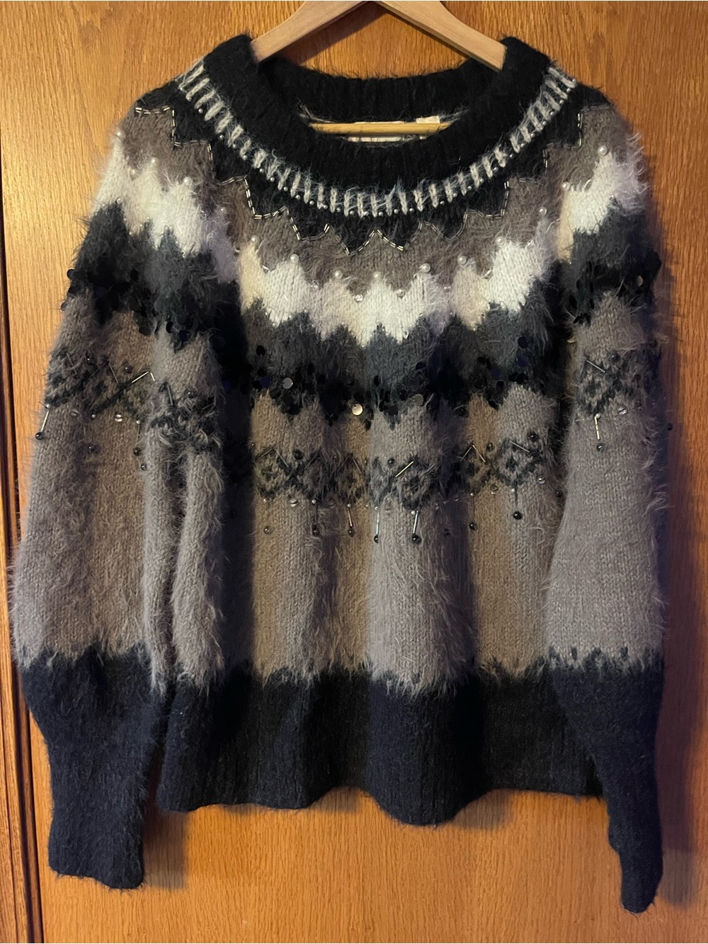 Sleeping On Snow Fuzzy Beaded Sweater in Black, Gray & Cream